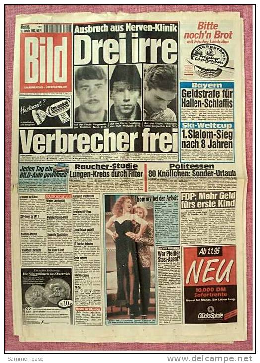 BILD-Zeitung Vom 16. Januar 1995 : Charles & Camilla : Liebesspiele Im Gebüsch  -  Drei Irre Verbrecher Frei - Autres & Non Classés