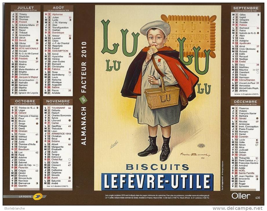 Calendrier Affiches Publicité Chocolat Menier, Biscuits LU, Lefevre Utile, Enfants, Fillette, La Poste 2010 - Grand Format : 2001-...