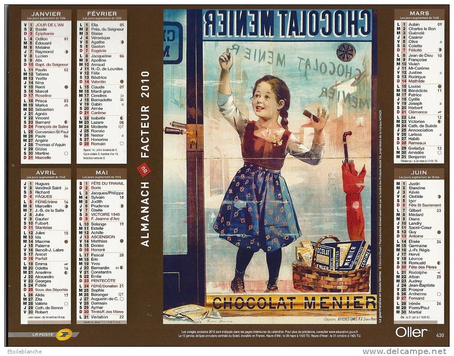 Calendrier Affiches Publicité Chocolat Menier, Biscuits LU, Lefevre Utile, Enfants, Fillette, La Poste 2010 - Grand Format : 2001-...