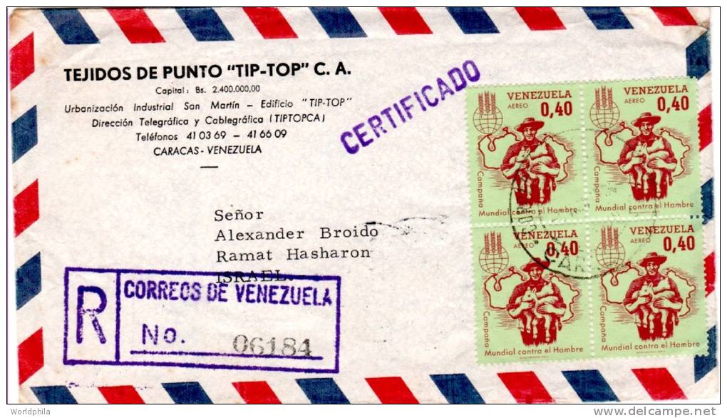 Venezuela To Israel Block Of 4 "Freedom From Hunger" Registered Cover With Letter 1964 - Against Starve