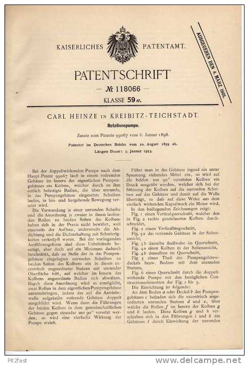 Original Patentschrift - C. Heinze In Kreibitz - Teichstadt , 1899 , Rotationspumpe !!! - Macchine
