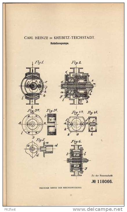 Original Patentschrift - C. Heinze In Kreibitz - Teichstadt , 1899 , Rotationspumpe !!! - Maschinen