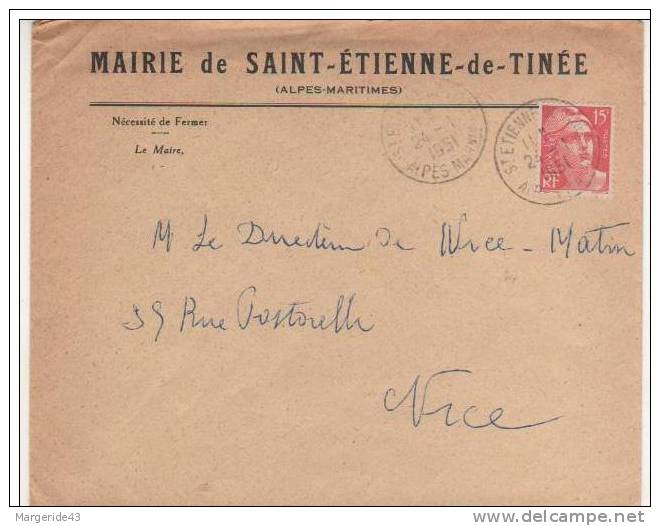 GANDON OBLITERATION SUR ENVELOPPE DE MAIRIE DE SAINT ETIENNE DE TINEE (ALPES Mmes) DU 24/1/51 - 1921-1960: Période Moderne
