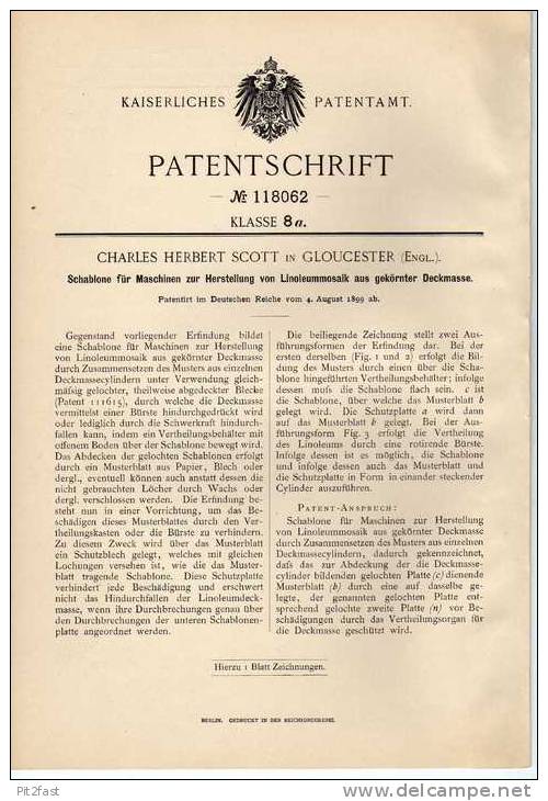 Original Patentschrift -  Linoleum Machine , 1899 ,C. Scott In Gloucester , England !!! - Maschinen