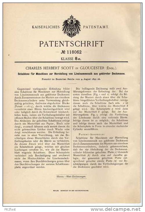 Original Patentschrift -  Linoleum Machine , 1899 ,C. Scott In Gloucester , England !!! - Tools