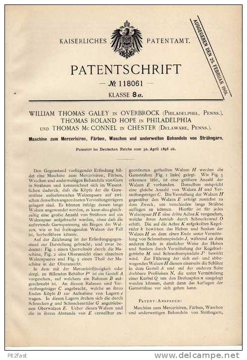 Original Patentschrift - Maschine Zum Waschen , Färben Und Mercersiren , 1898 , W. Galey In Overbrock U. Chester !!! - Machines