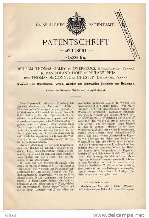 Original Patentschrift - Maschine Zum Waschen , Färben Und Mercersiren , 1898 , W. Galey In Overbrock U. Chester !!! - Maschinen