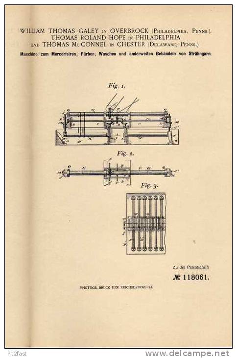 Original Patentschrift - Maschine Zum Waschen , Färben Und Mercersiren , 1898 , W. Galey In Overbrock U. Chester !!! - Macchine