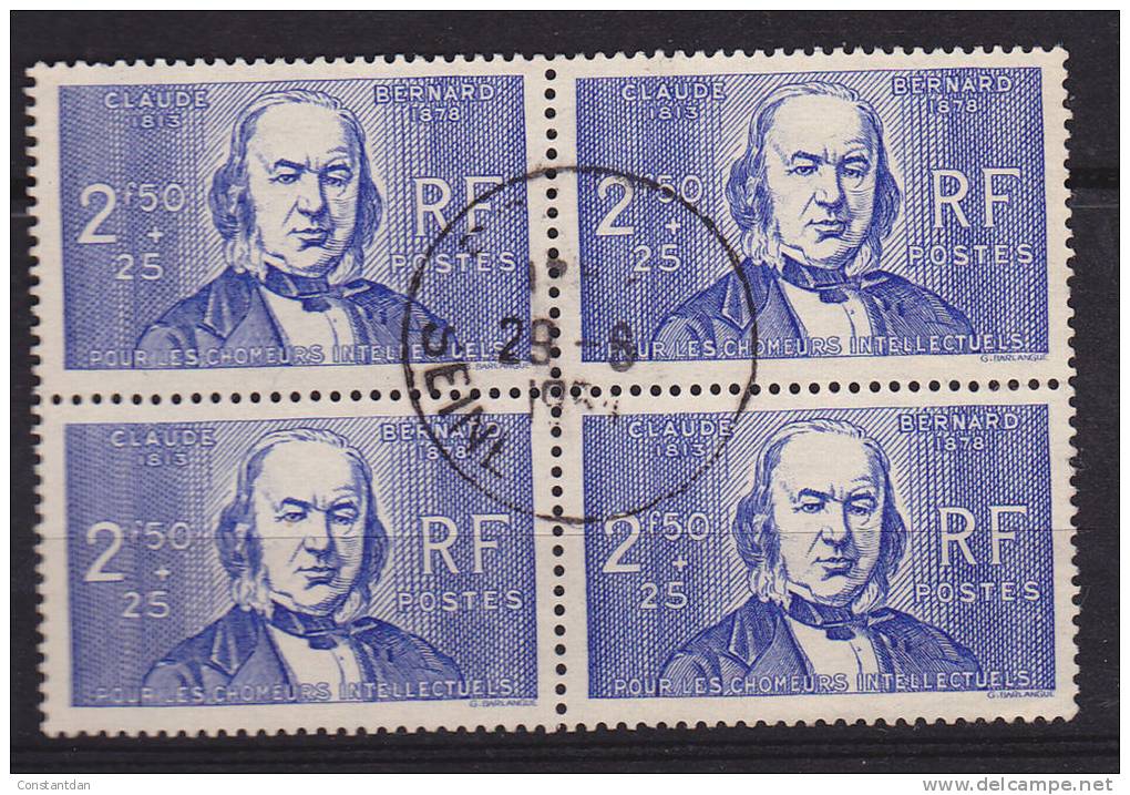 FRANCE N° 464 CHOMEURS INTELLEC TUELS CLAUDE BERNARD BLOC DE 4 OBL - Gebraucht