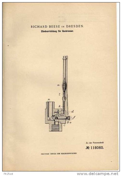 Original Patentschrift - R. Beese In Dresden , 1899 , Zündung Für Gasbrenner , Brenner !!! - Macchine