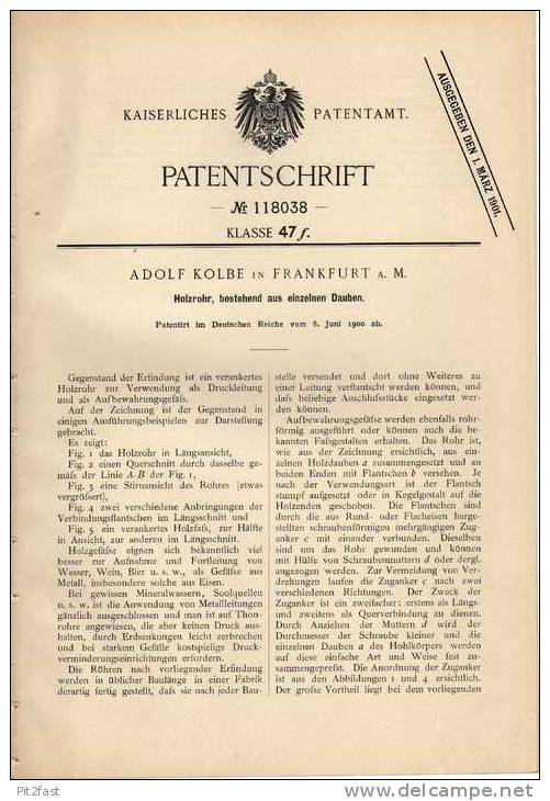 Original Patentschrift -  A. Kolbe In Frankfurt A. Main , 1900, Holzrohr , Säule !!! - Architektur