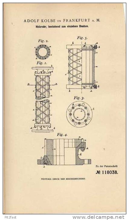 Original Patentschrift -  A. Kolbe In Frankfurt A. Main , 1900, Holzrohr , Säule !!! - Architecture