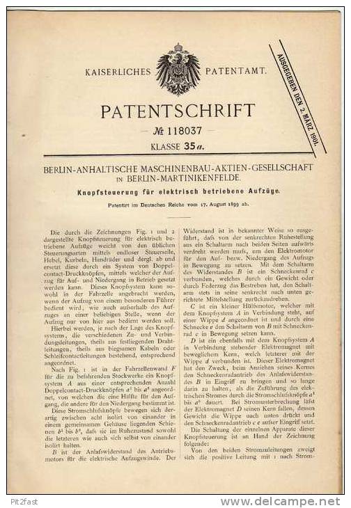 Original Patentschrift - Steuerung Für Fahrstuhl , Aufzug , Lift , 1899 , Maschinenbau AG Berlin - Martinikenfelde !!! - Máquinas