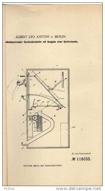 Original Patentschrift - Selbstkassierende Garderobe , 1899 , A. Antoni In Berlin !!! - Machines