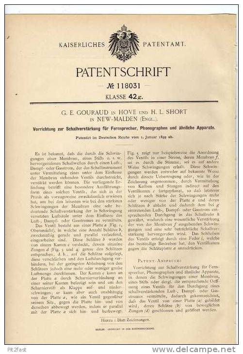 Original Patentschrift -  Schallverstärker Für Phonograph , Telephon , 1899 , G. Gouraud In Hove Und New Malden England - Telefontechnik