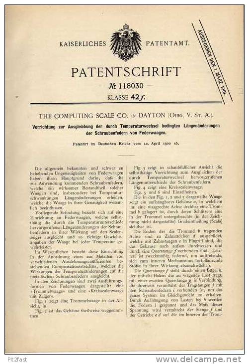 Original Patentschrift - Federwaage , Waage , 1900 , The Computing Co. In Dayton , Ohio , USA !!! - Telefoontechniek
