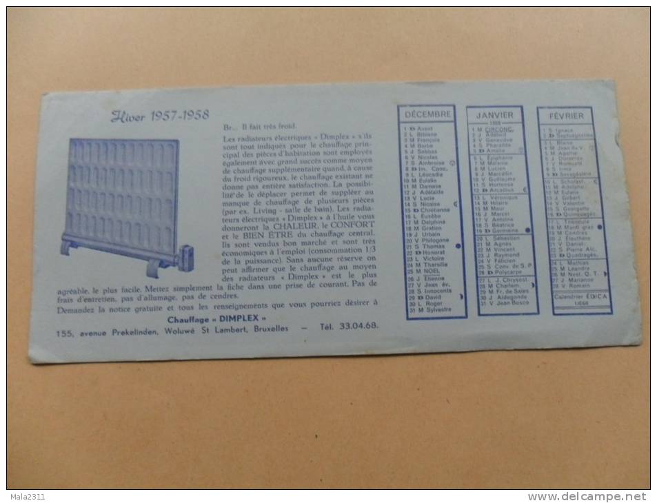 ANCIEN BUVARD PUB  POUR  CHAUFFAGE "DIMPLEX" BRUXELLES  HIVER 1957-58 - Papeterie