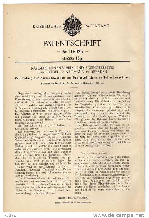 Original Patentschrift -  Nähmaschinenfabrik In Dresden , 1897 , Schlitten Für Schreibmaschine !!! - Maschinen