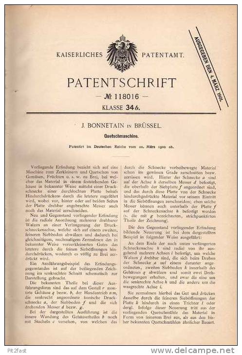 Original Patentschrift - Quetschmaschine , 1900 , J. Bonnetain In Brüssel !!! - Machines