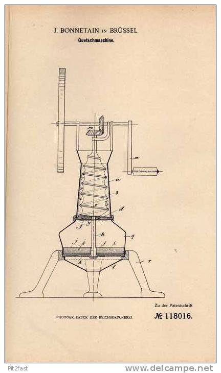 Original Patentschrift - Quetschmaschine , 1900 , J. Bonnetain In Brüssel !!! - Maschinen