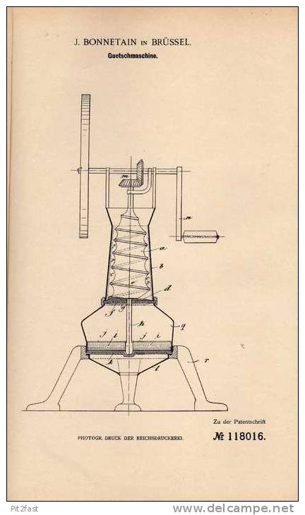 Original Patentschrift - Quetschmaschine , 1900 , J. Bonnetain In Brüssel !!! - Machines