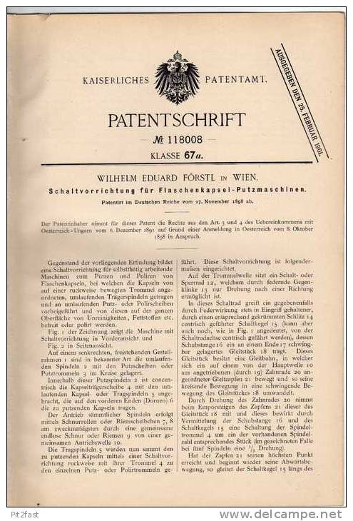 Original Patentschrift - Putzmaschine Für Kronkorken , 1898 , W. Förstl In Wien !!! - Tools