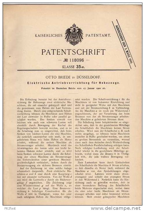 Original Patentschrift - O. Briede In Düsseldorf , 1900 ,elektr. Antrieb Für Hebezeuge , Kran , Bagger !!! - Maschinen