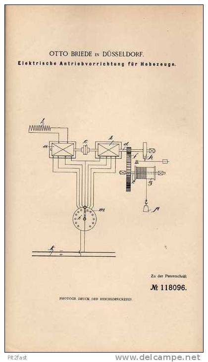 Original Patentschrift - O. Briede In Düsseldorf , 1900 ,elektr. Antrieb Für Hebezeuge , Kran , Bagger !!! - Maschinen