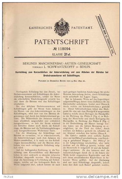 Original Patentschrift - Maschinenbau AG In Berlin , 1899 , Drehstrommotor , Elektriker !!! - Maschinen