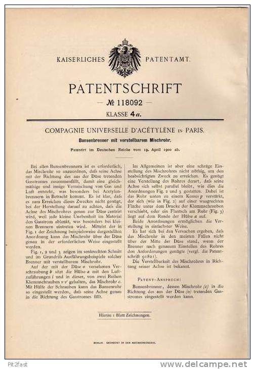 Original Patentschrift - Comp. D` Acétylene In Paris , 1900 , Bunsenbrenner Mit Mischrohr , Brenner !!! - Machines
