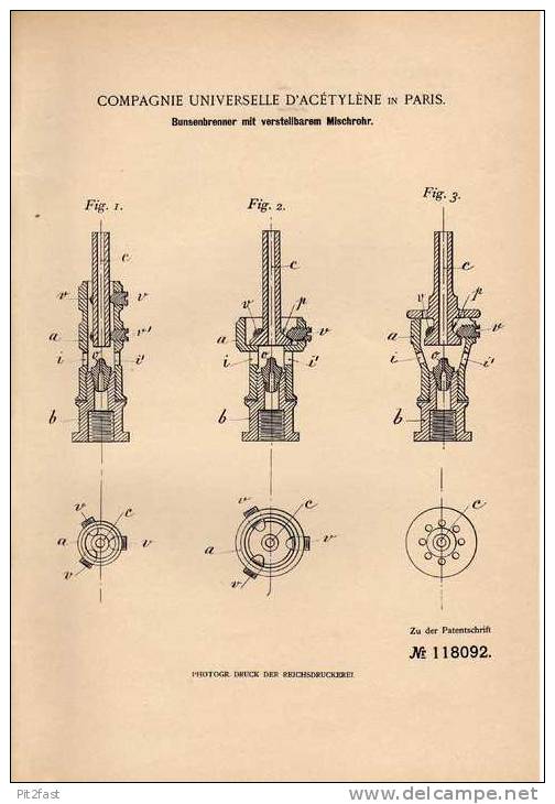 Original Patentschrift - Comp. D` Acétylene In Paris , 1900 , Bunsenbrenner Mit Mischrohr , Brenner !!! - Máquinas