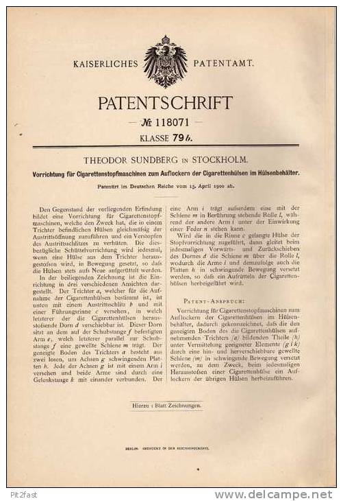 Original Patentschrift - Cigaretten Stopfmaschine , 1900 , T. Sundberg In Stockholm !!! - Documents