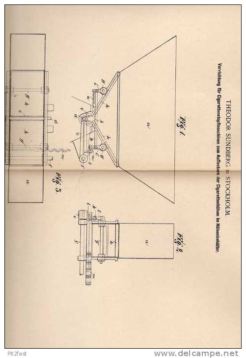 Original Patentschrift - Cigaretten Stopfmaschine , 1900 , T. Sundberg In Stockholm !!! - Dokumente