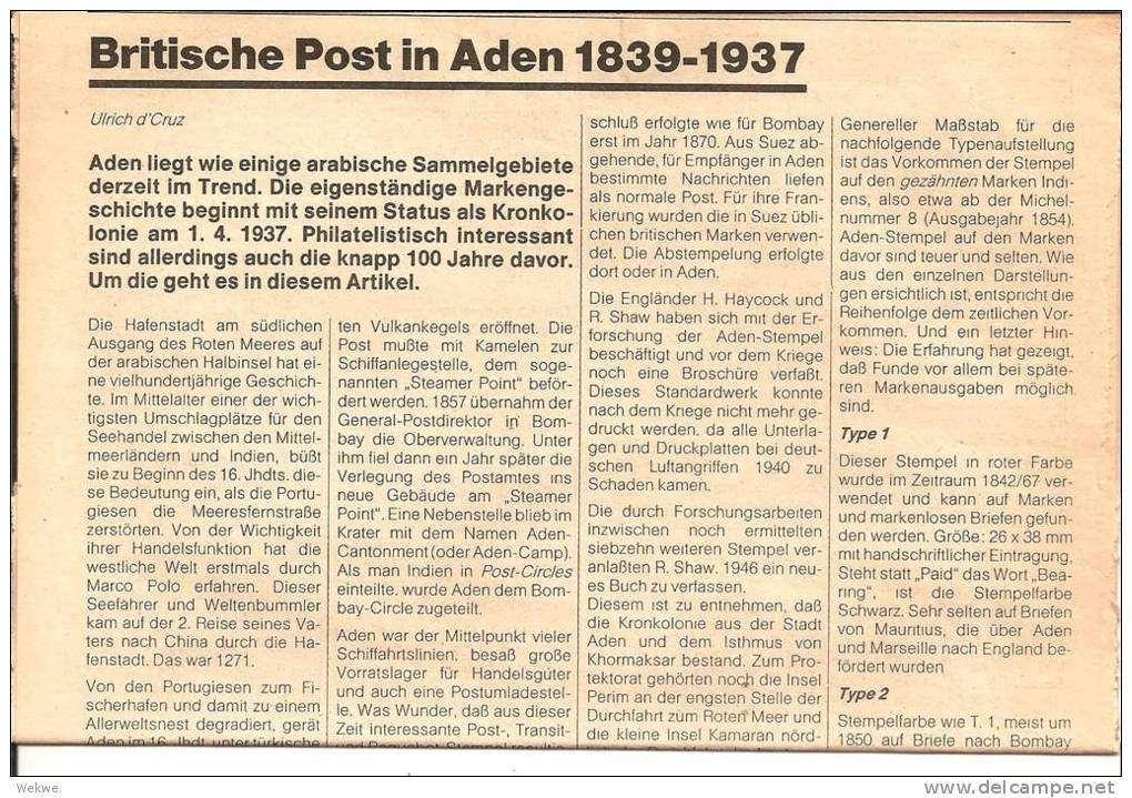 Aden. Postgeschichte Auf 4 DIN A 4 Seiten Mit 69 Stempeltypen - Filatelia E Storia Postale