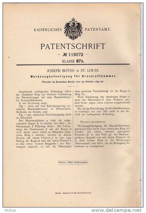 Original Patentschrift - Drucklufthammer Befestigung , 1899 , J. Boyer In St. Louis , Presslufthammer !!! - Ancient Tools