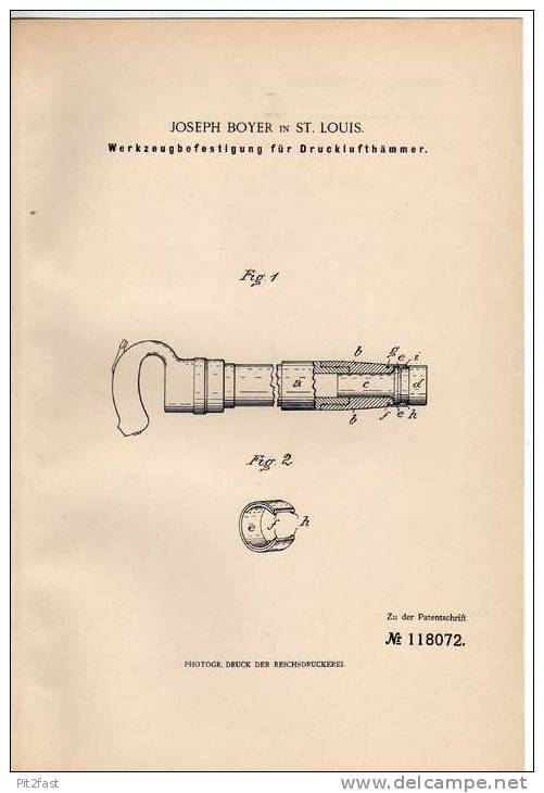 Original Patentschrift - Drucklufthammer Befestigung , 1899 , J. Boyer In St. Louis , Presslufthammer !!! - Ancient Tools