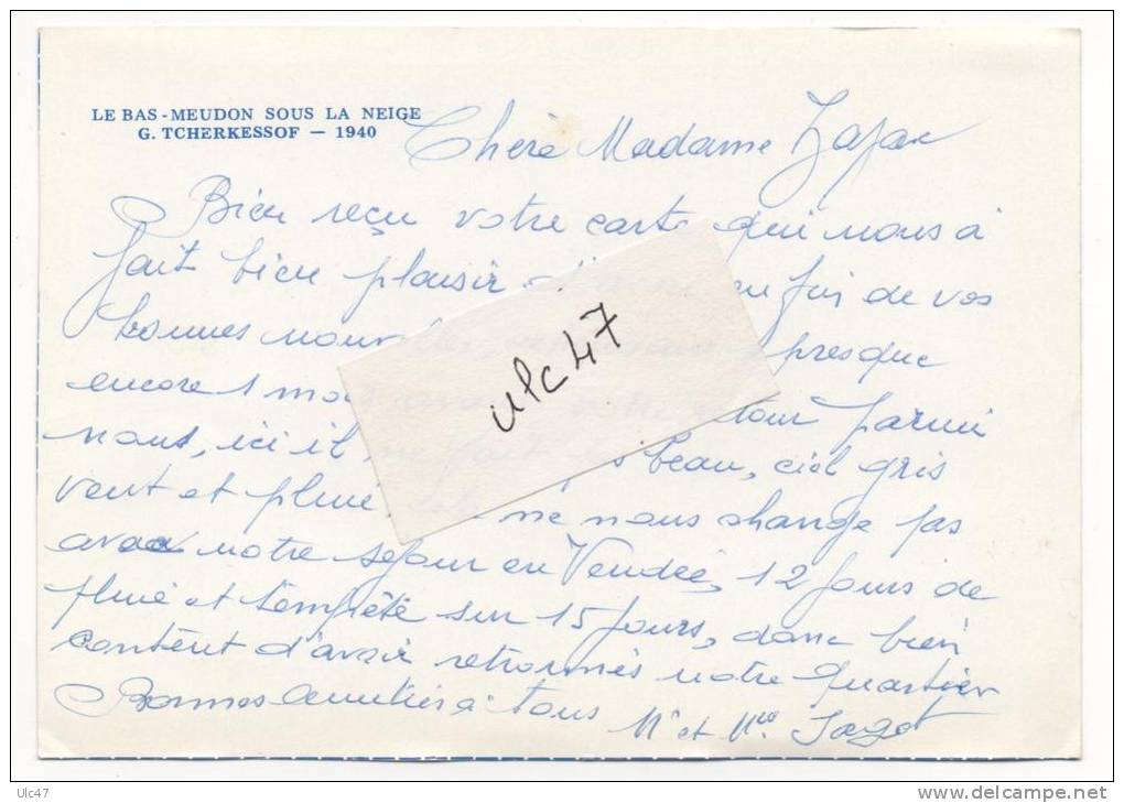 - 92 - LE BAS-MEUDON SOUS LA NEIGE. - G. TCHERKESSOF - 1940 - Scan Verso - - Meudon