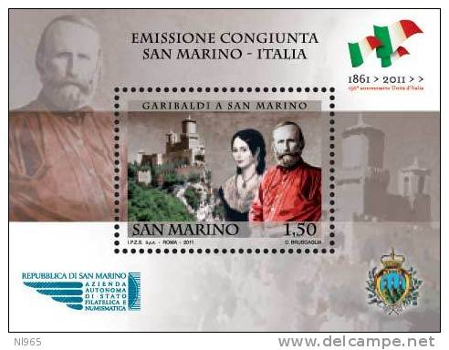 REPUBBLICA DI SAN MARINO - EMISSIONE CONGIUNTA - ANNO 2011 - BF 150 ° CITTADINANZA ONORARIA A GARIBALDI - NUOVI MNH ** - Unused Stamps