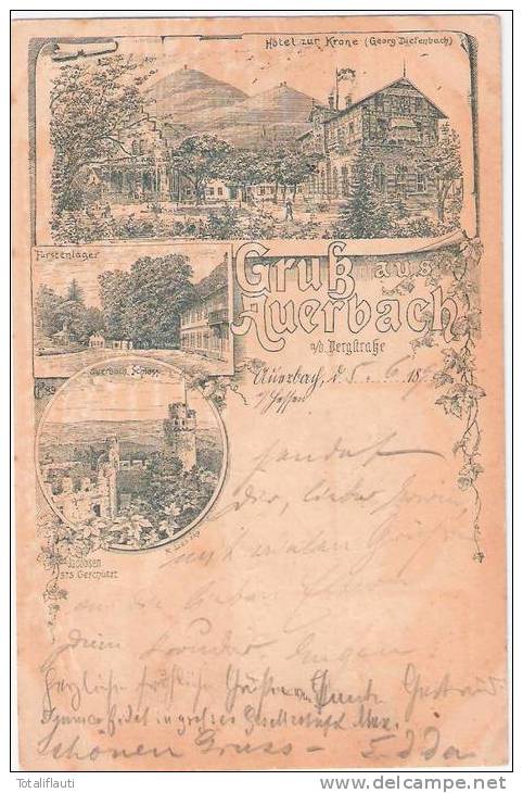 Gruß Aus Auerbach An Der Bergstraße Benshein Federstrich Litho Vorläufer Hotel Zur Krone 5.6.1895 Gelaufen - Bensheim