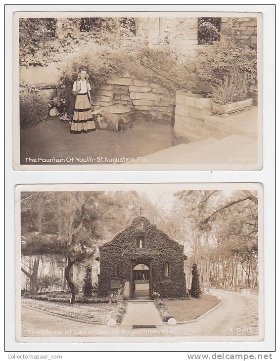 [W1035] 2 Real Photo Postcards Of  St. Augustine Florida USA  - "The Shrine Of La Leche"  &amp; "The Fountain Of Youth" - St Augustine