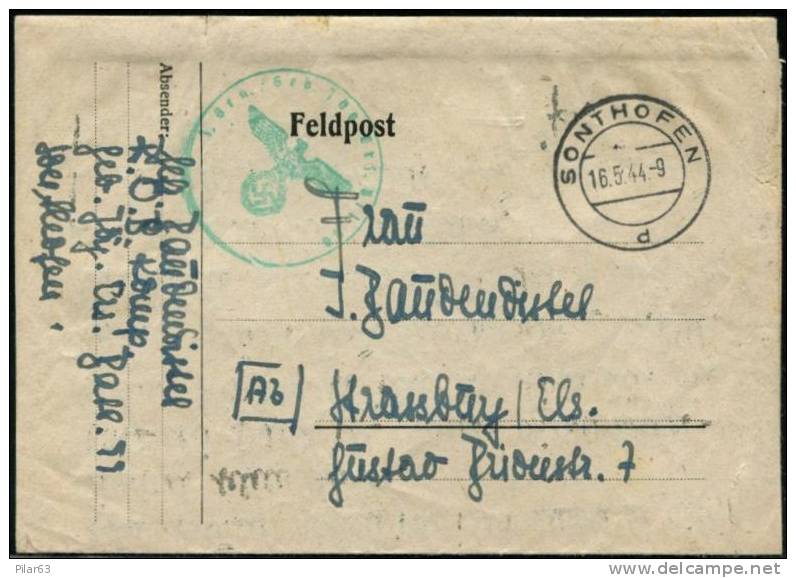 ALLEMAGNE IIIe REICH - CARTE LETTRE *FELDPOST"  VOYAGÉE À STRASBOURG - Cachet SONTHOFEN 16.5.1944 - Cartas & Documentos