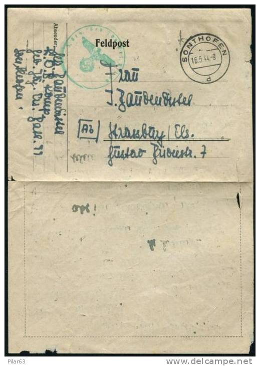 ALLEMAGNE IIIe REICH - CARTE LETTRE *FELDPOST"  VOYAGÉE À STRASBOURG - Cachet SONTHOFEN 16.5.1944 - Covers & Documents