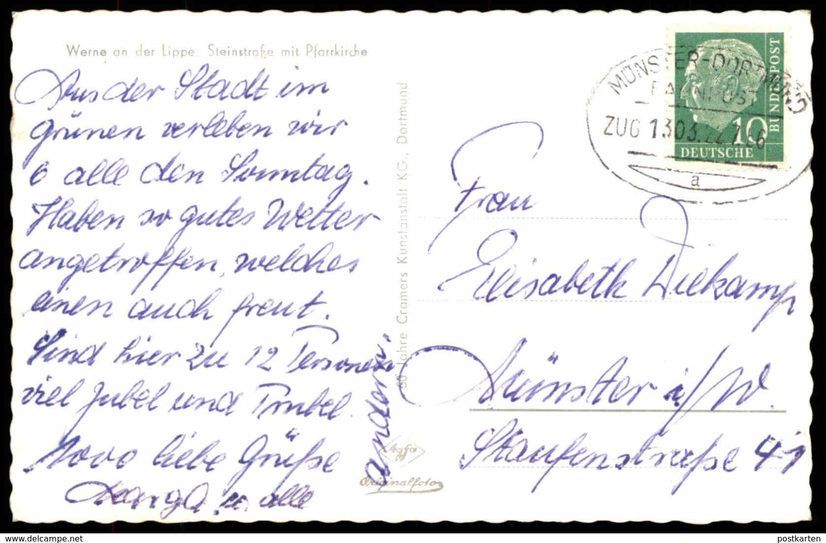 ÄLTERE POSTKARTE WERNE AN DER LIPPE STEINSTRASSE & KIRCHE Bahnpost Münster Dortmund 1956 Cpa Postcard Ansichtskarte AK - Werne