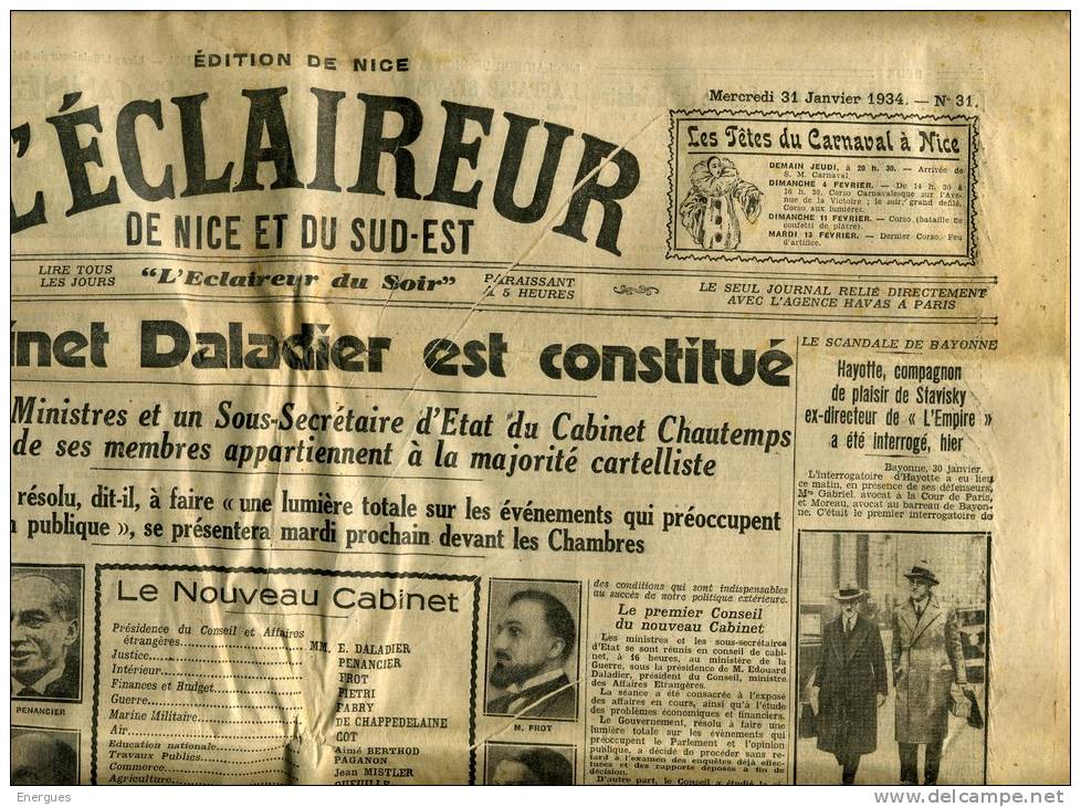 L´Eclaireur De Nice,1934,cabinet Daladier,,Cartel Des Gauches,Cot,Queille,,Fabry, Paganon, Hitler. - Autres & Non Classés