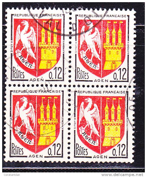 N°1353A 12C ROUGE JAUNE ET NOIR BLASON D´AGEN  BLOC DE 4 OBL - Gebraucht