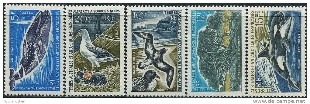 FN0490 TAAF 1966-69 Seabirds Trees Whales 5v MLH - Usati