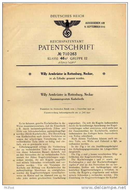 Original Patentschrift - W. Armbrüster In Rottenburg , Neckar , 1937 , Kurbelwelle !!! - Machines