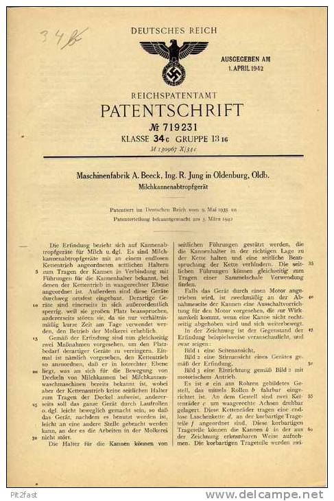 Original Patentschrift - A. Beeck In Oldenburg , 1935 , Milchkannen Gerät , Milchkanne !!! - Maschinen