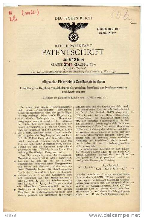 Original Patentschrift - AEG In Berlin , 1934 , Propeller Antrieb Für Schiffe , Synchronmotor !!! - Schiffe