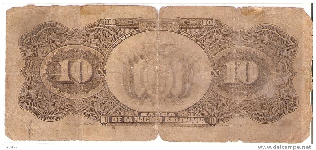 BILLETE DE BOLIVIA DE 10 PESOS BOLIVIANOS DEL AÑO 1911 (RARO)  (BANKNOTE) - Bolivië